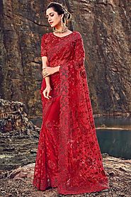 Designer Crimson Red Embroidered Party Wear Saree