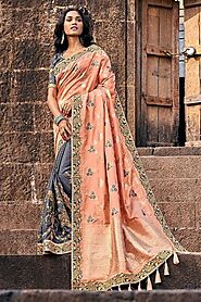 Banarasi Silk Peach and Grey Embroidered Saree
