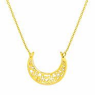 14K Yellow Gold Sideways Floral Crescent Moon Necklace