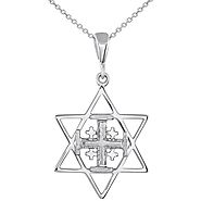 Solid 14K White Gold Star of David and Jerusalem Cross Pendant Necklace