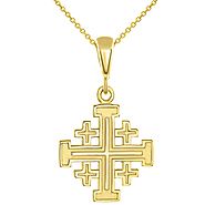 Solid 14K Yellow Gold Crusaders Jerusalem Cross Pendant Necklace
