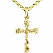 14k Yellow Gold Textured Rounded Edge 3-D Religious Cross Pendant with Rolo, Cuban, or Figaro Chain Necklaces