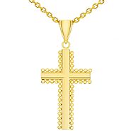 Solid 14k Yellow Gold Beaded Edged Plain Religious Cross Pendant with Figaro Chain Necklace, 22"