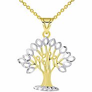 14k Yellow Gold Solid and Textured Tree of Life Two-Tone Pendant Necklace with Cable, Cuban, or Figaro Chain