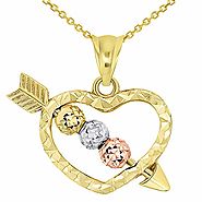 14k Tri-Color Gold Beaded Cupid's Love Arrow Through Textured Small Heart Pendant Necklace with Cable, Cuban, or Figa...