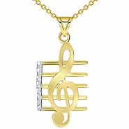 14k Yellow Gold Textured G Clef Musical Note On Staff Pendant Necklace with Cable, Cuban, or Figaro Chain
