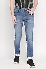 Bare Denim Men Casual Slim Fit Solid Medium Blue Jeans - Selling Fast at Pantaloons.com