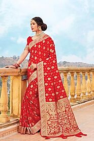 Red color pure silk weaving saree for wedding