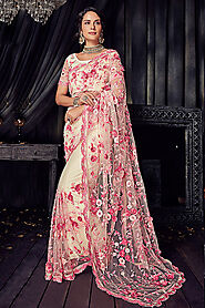 Buy Pink And White Pearl Work Saree In Net Online | Like A Diva